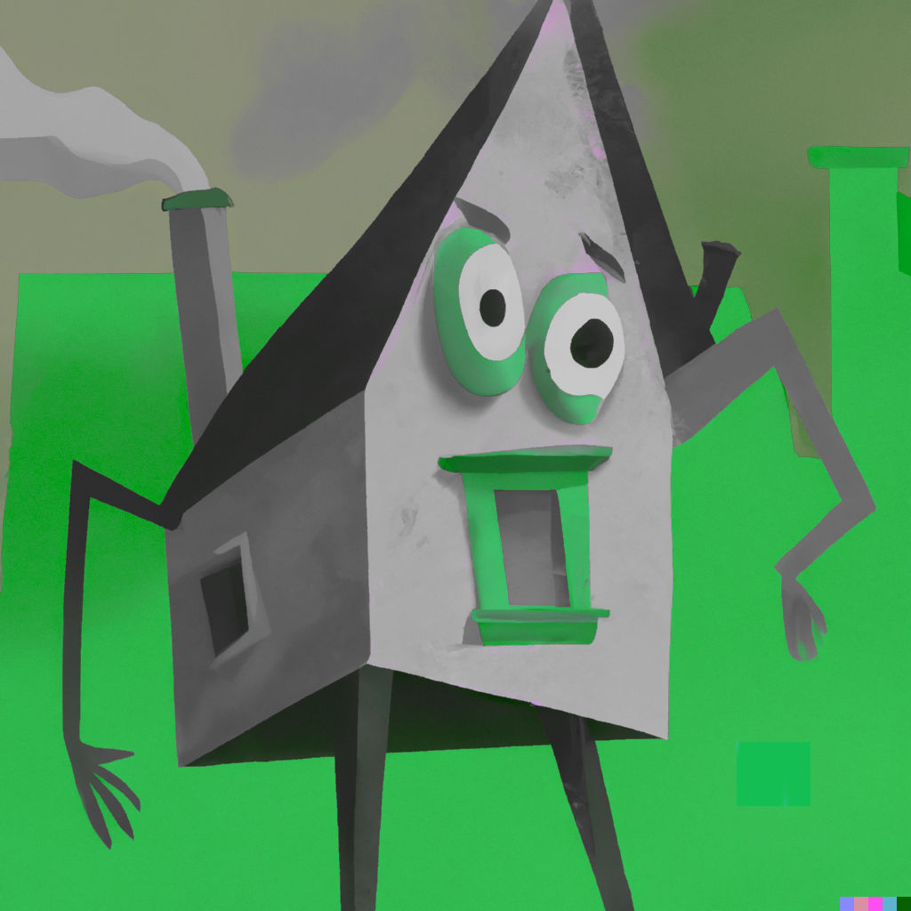 Et hus med arme, ben og ansigt trækker vejret dybt, tegning i sort og hvid med enkelte grønne elementer